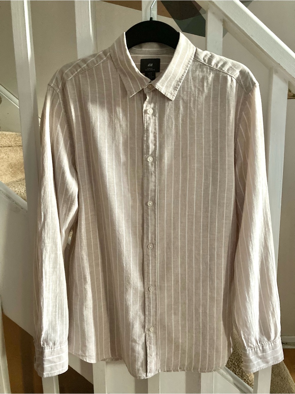 H&M Tan Beige White Stripe Linen Cotton Blend Lightweight Summer Layering Shirt